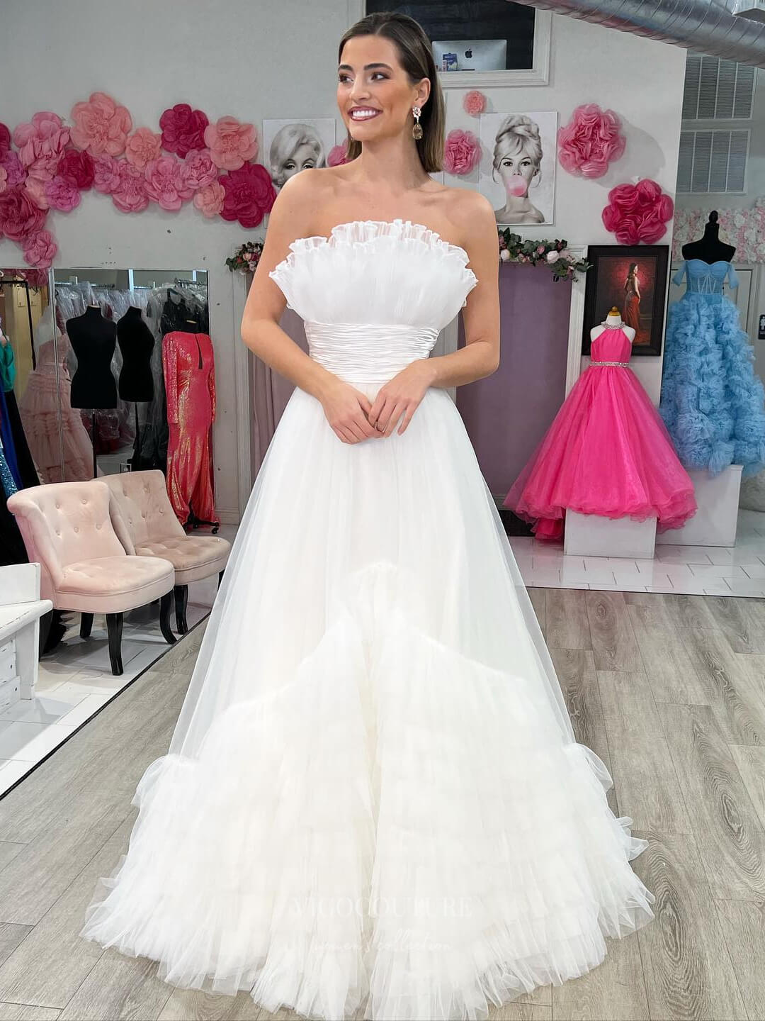 Prom Dress 2025 Strapless Tiered Ruffled Prom Dresses Pleated Tulle Formal Gown 24373-unique elegant Prom Dresses-Ivory-Custom Size-vigocouture