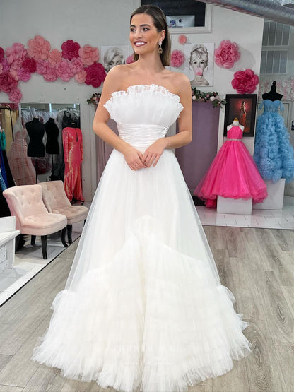 Prom Dress 2025 Strapless Tiered Ruffled Prom Dresses Pleated Tulle Formal Gown 24373-unique elegant Prom Dresses-Ivory-Custom Size-vigocouture