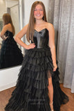 Prom Dress 2025 Strapless Tiered Ruffled Prom Dresses with Slit Satin Boned Bodice 24283-unique elegant Prom Dresses-Black-Custom Size-vigocouture