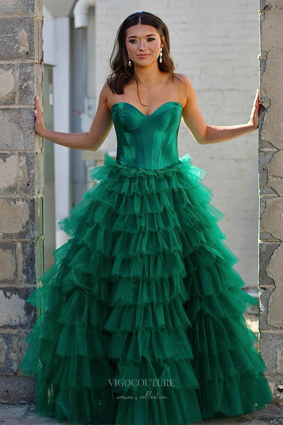 Prom Dress 2025 Strapless Tiered Ruffled Prom Dresses with Slit Satin Boned Bodice 24283-unique elegant Prom Dresses-Green-Custom Size-vigocouture