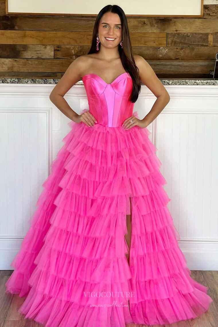 Prom Dress 2025 Strapless Tiered Ruffled Prom Dresses with Slit Satin Boned Bodice 24283-unique elegant Prom Dresses-Hot Pink-Custom Size-vigocouture