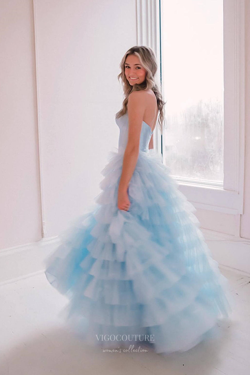 Prom Dress 2025 Strapless Tiered Ruffled Prom Dresses with Slit Satin Boned Bodice 24283-unique elegant Prom Dresses-Light Blue-Custom Size-vigocouture