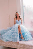 Prom Dress 2025 Strapless Tiered Ruffled Prom Dresses with Slit Satin Boned Bodice 24283-unique elegant Prom Dresses-Light Blue-Custom Size-vigocouture