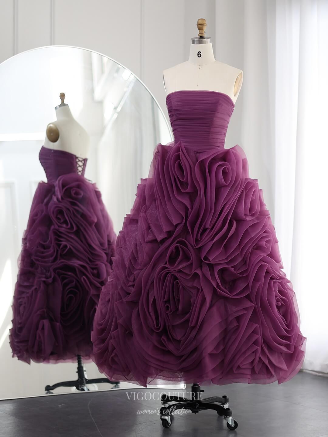 Short Prom Dresses 2025 Strapless Tiered Ruffled Rosette Prom Dresses Pleated Maxi Dress 25033-Prom Dresses-vigocouture-Purple-US2-vigocouture