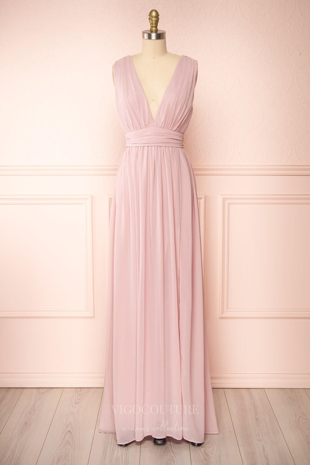 Prom Dress 2025 Stretchable Woven Bridesmaid Dress Plunging V-Neck Pleated Prom Dress 20861-unique elegant Prom Dresses-Blush-US2-vigocouture