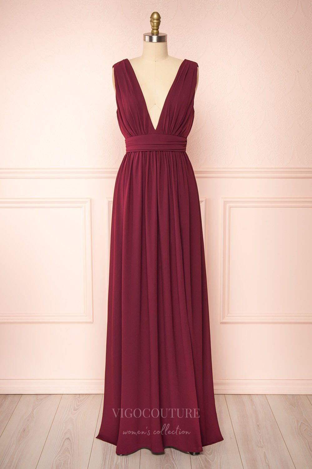 Prom Dress 2025 Stretchable Woven Bridesmaid Dress Plunging V-Neck Pleated Prom Dress 20861-unique elegant Prom Dresses-Burgundy-US2-vigocouture