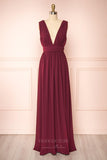 Prom Dress 2025 Stretchable Woven Bridesmaid Dress Plunging V-Neck Pleated Prom Dress 20861-unique elegant Prom Dresses-Burgundy-US2-vigocouture