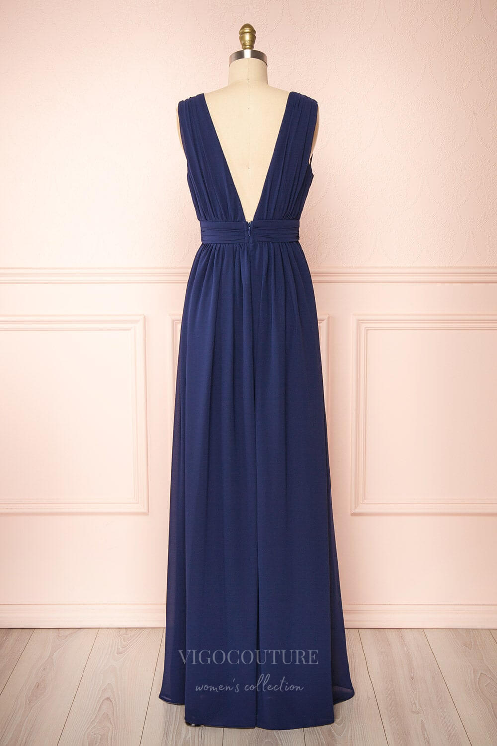 Prom Dress 2025 Stretchable Woven Bridesmaid Dress Plunging V-Neck Pleated Prom Dress 20861-unique elegant Prom Dresses-Navy Blue-US2-vigocouture