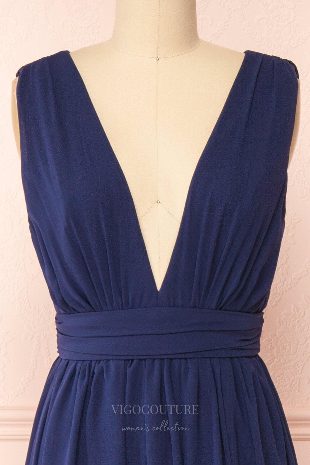 Prom Dress 2025 Stretchable Woven Bridesmaid Dress Plunging V-Neck Pleated Prom Dress 20861-unique elegant Prom Dresses-Navy Blue-US2-vigocouture