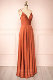 Prom Dress 2025 Stretchable Woven Spaghetti Strap Pleated Prom Dress 20858-unique elegant Prom Dresses-Burnt Orange-US2-vigocouture