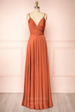 Prom Dress 2025 Stretchable Woven Spaghetti Strap Pleated Prom Dress 20858-unique elegant Prom Dresses-Burnt Orange-US2-vigocouture