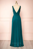 Prom Dress 2025 Stretchable Woven V-Neck Pleated Prom Dress 20859-unique elegant Prom Dresses-Teal-US2-vigocouture