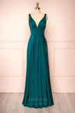 Prom Dress 2025 Stretchable Woven V-Neck Pleated Prom Dress 20859-unique elegant Prom Dresses-Teal-US2-vigocouture