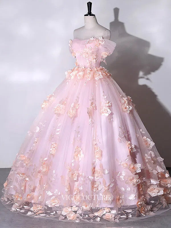 Prom Dress 2025 Stunning 3D Flower Off the Shoulder Prom Ball Gown 22307-unique elegant Prom Dresses-Pink-Custom Size-vigocouture