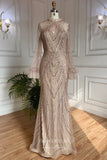 Prom Dress 2025 Stunning Beaded Mermaid Prom Dress with Long Sleeve and High Neck 20255-unique elegant Prom Dresses-Champagne-US2-vigocouture