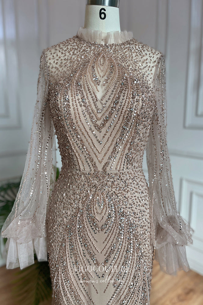 Prom Dress 2025 Stunning Beaded Mermaid Prom Dress with Long Sleeve and High Neck 20255-unique elegant Prom Dresses-Grey-US2-vigocouture