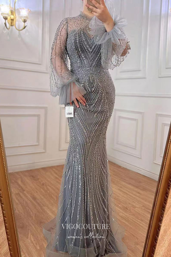 Prom Dress 2025 Stunning Beaded Mermaid Prom Dress with Long Sleeve and High Neck 20255-unique elegant Prom Dresses-Grey-US2-vigocouture