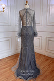 Prom Dress 2025 Stunning Beaded Mermaid Prom Dress with Long Sleeve and High Neck 20255-unique elegant Prom Dresses-Grey-US2-vigocouture