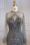 Prom Dress 2025 Stunning Beaded Mermaid Prom Dress with Long Sleeve and High Neck 20255-unique elegant Prom Dresses-Grey-US2-vigocouture