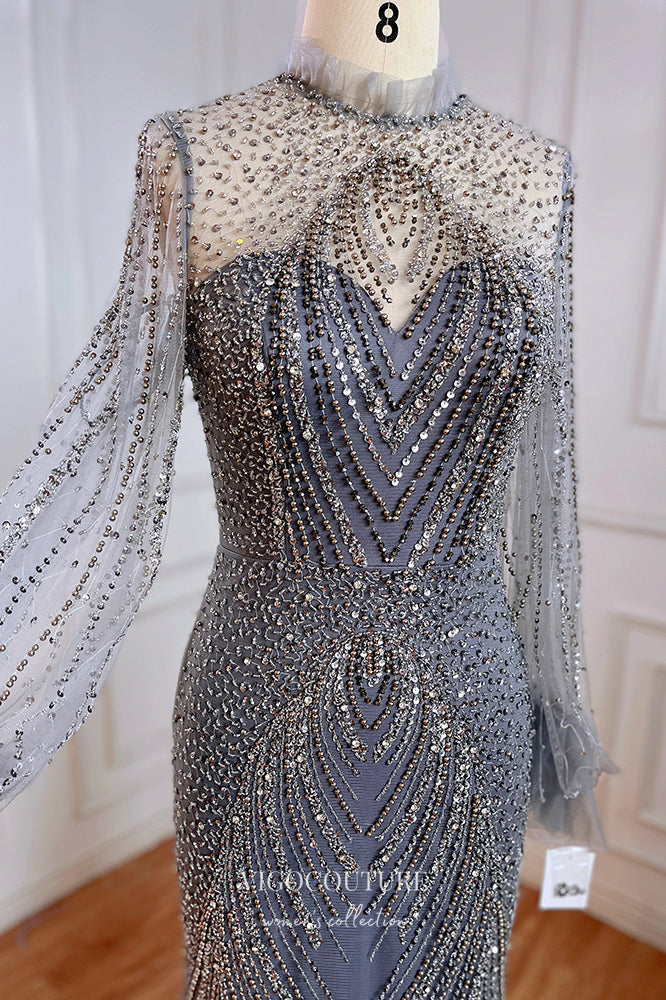 Prom Dress 2025 Stunning Beaded Mermaid Prom Dress with Long Sleeve and High Neck 20255-unique elegant Prom Dresses-Grey-US2-vigocouture