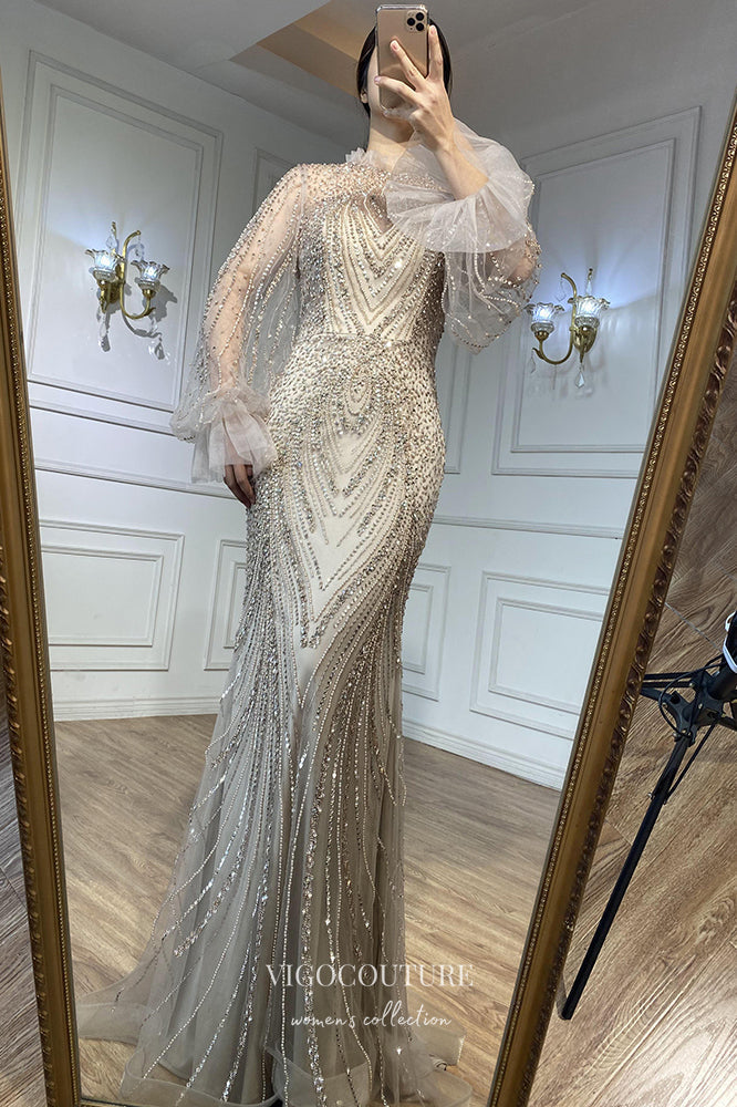 Prom Dress 2025 Stunning Beaded Mermaid Prom Dress with Long Sleeve and High Neck 20255-unique elegant Prom Dresses-Grey-US2-vigocouture