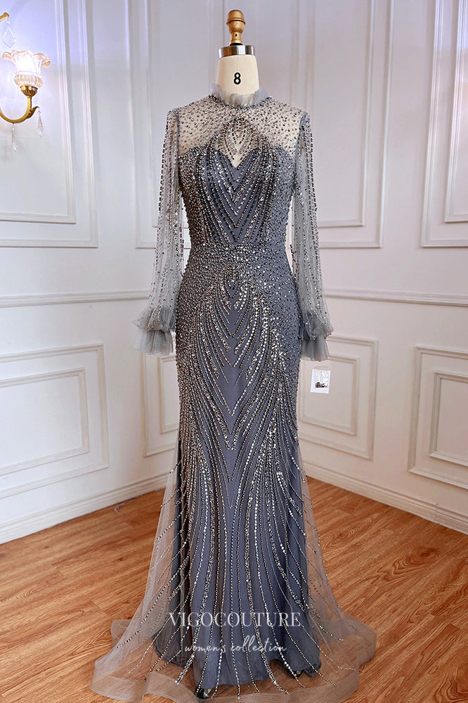 Prom Dress 2025 Stunning Beaded Mermaid Prom Dress with Long Sleeve and High Neck 20255-unique elegant Prom Dresses-Grey-US2-vigocouture