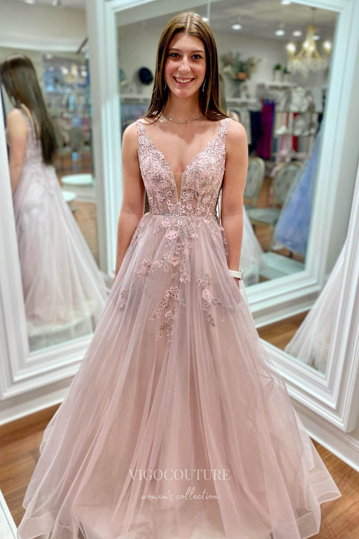 Prom Dress 2025 Stunning Blush Lace Applique Plunging V-Neck Prom Dress with Spaghetti Strap 22189-unique elegant Prom Dresses-Blush-Custom Size-vigocouture