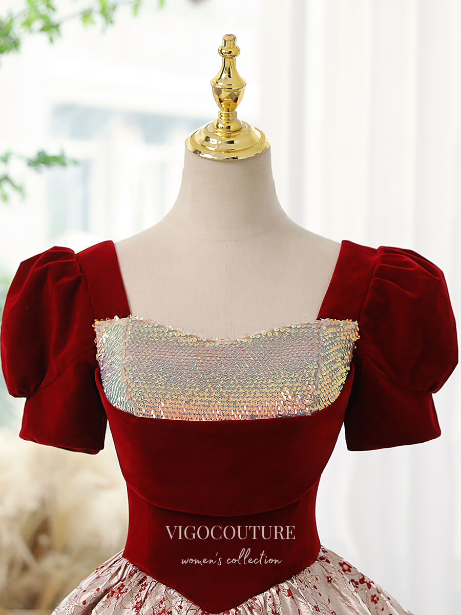 Stunning Jacquard Satin and Velvet Prom Dress with Puffed Sleeves 2228 vigocouture Stunning Jacquard Satin and Velvet Prom Dress with Puffed Sleeves 2228 vigocouture