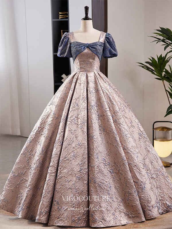 Prom Dress 2025 Stunning Jacquard Satin Prom Dress with Puffed Sleeve 22304-unique elegant Prom Dresses-As Pictured-Custom Size-vigocouture