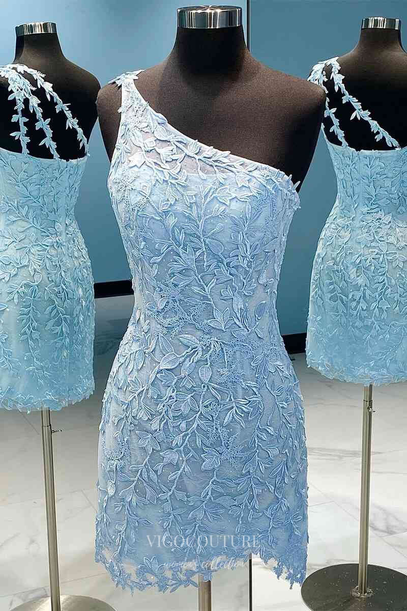 Short Prom Dresses 2025 Stunning Lace Applique Hoco Dress One Shoulder Bodycon Dress hc262-Prom Dresses-vigocouture-Light Blue-US0-vigocouture