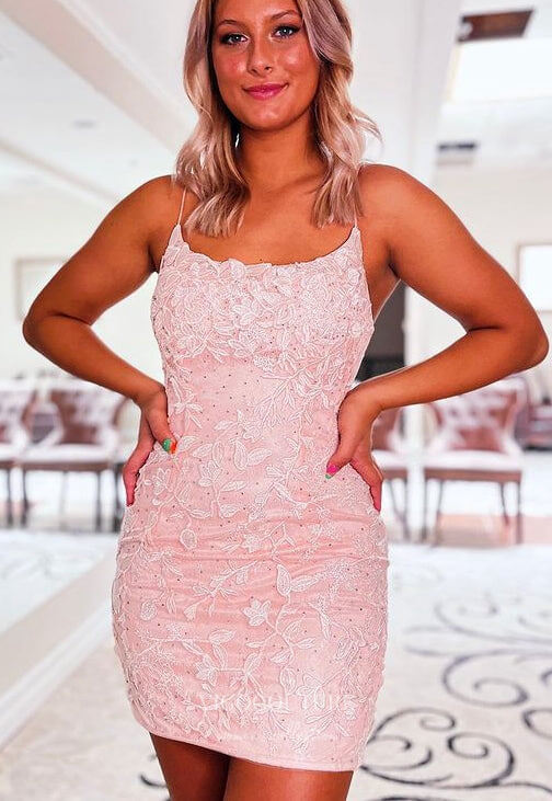 Short Prom Dresses 2025 Stunning Lace Applique Hoco Dress Spaghetti Strap Bodycon Dress hc261-Prom Dresses-vigocouture-Pink-US0-vigocouture