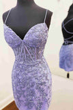 Short Prom Dresses 2025 Stunning Lace Applique Homecoming Dress Spaghetti Strap Bodycon Dress hc260-Prom Dresses-vigocouture-Lavender-US0-vigocouture