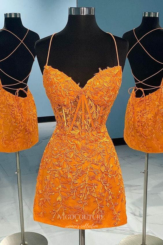 Short Prom Dresses 2025 Stunning Lace Applique Homecoming Dress Spaghetti Strap Bodycon Dress hc260-Prom Dresses-vigocouture-Orange-US0-vigocouture