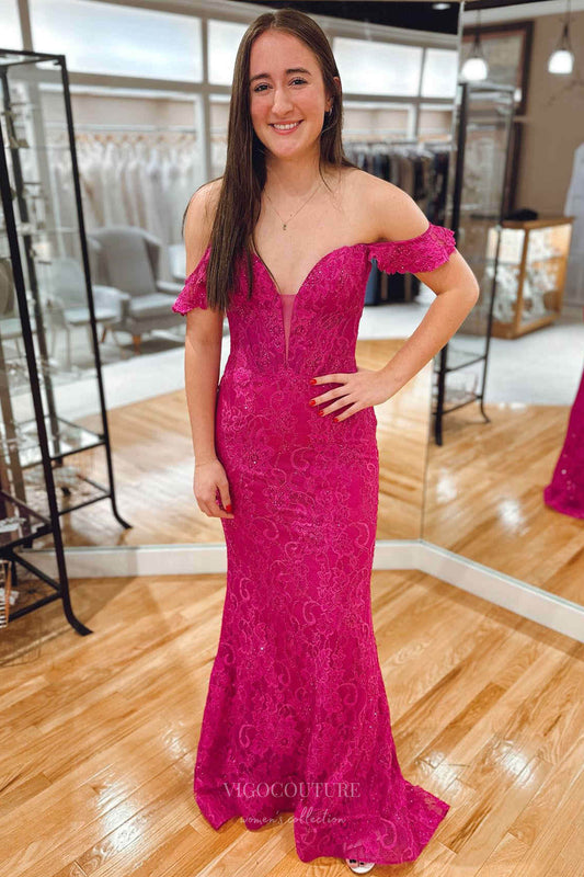 Prom Dress 2025 Stunning Lace Mermaid Cheap Prom Dresses Off the SHoulder Plunging V-Neck 24314-unique elegant Prom Dresses-Fuchsia-Custom Size-vigocouture