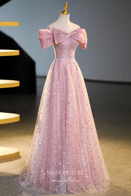 Stunning Pink Beaded Squin Prom Dress with Bow-Tie 22338