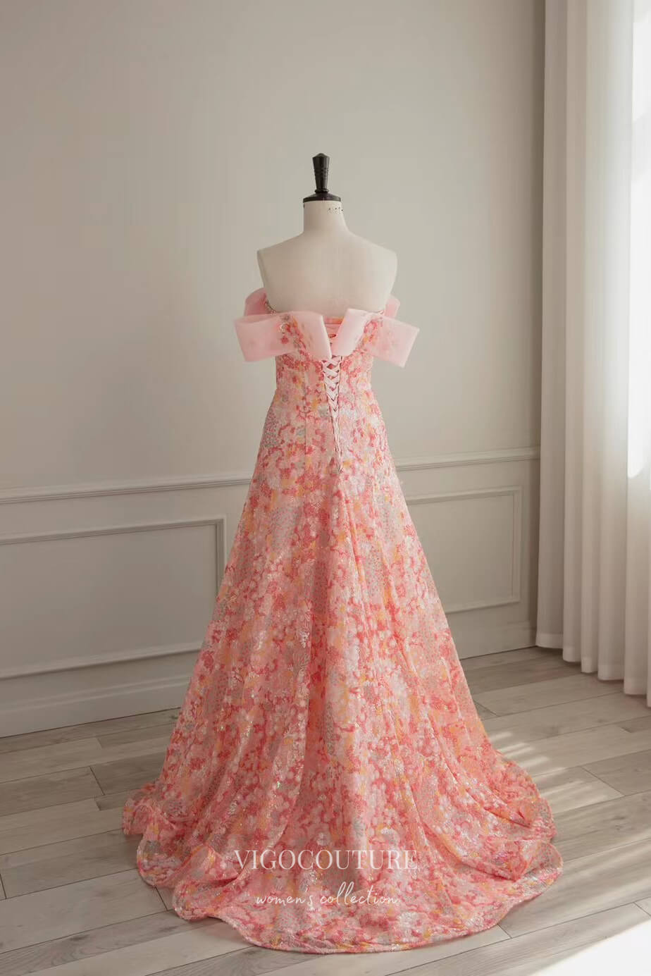 Stunning Pink Off-the-Shoulder Floral Sequin Prom Dress 22390 vigocouture Stunning Pink Off-the-Shoulder Floral Sequin Prom Dress 22390 vigocouture