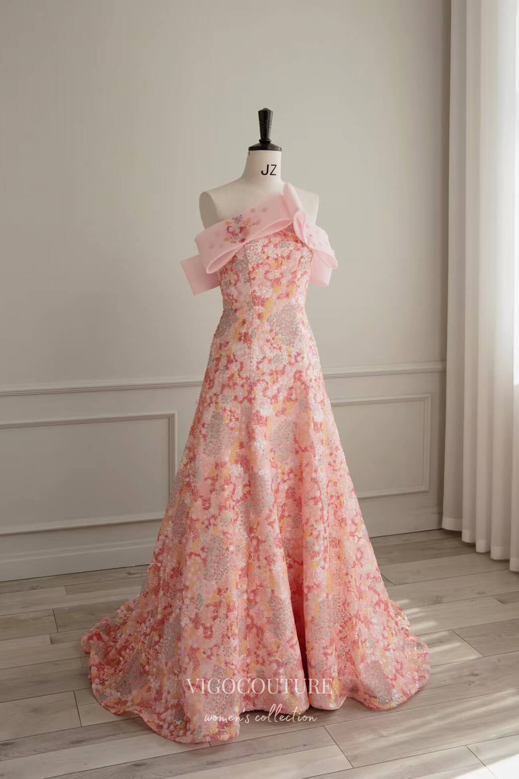 Stunning Pink Off-The-Shoulder Floral Sequin Prom Dress 22390 Pink / US0 Stunning Pink Off-The-Shoulder Floral Sequin Prom Dress 22390 Pink / US0