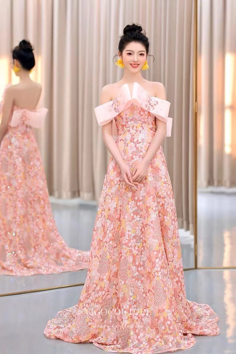 Stunning Pink Off-the-Shoulder Floral Sequin Prom Dress 22390 vigocouture Stunning Pink Off-the-Shoulder Floral Sequin Prom Dress 22390 vigocouture
