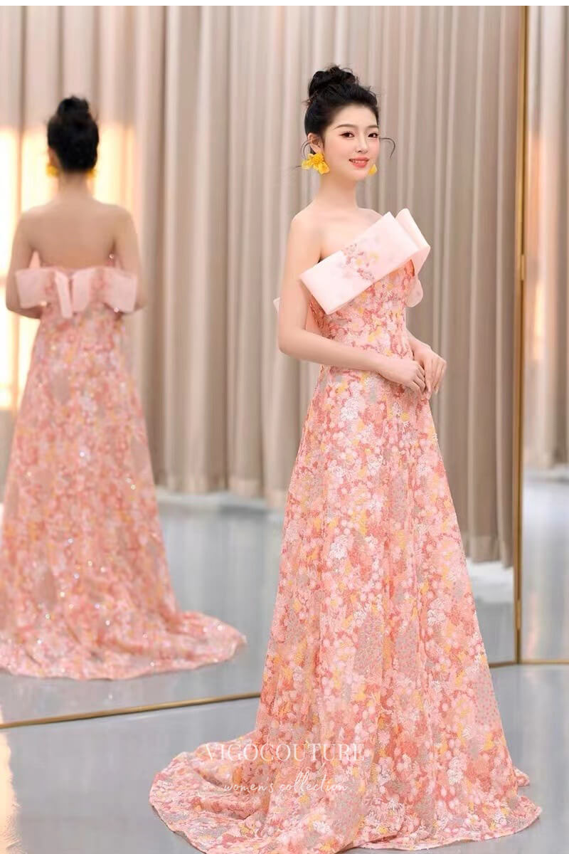 Stunning Pink Off-The-Shoulder Floral Sequin Prom Dress 22390 Pink / US0 Stunning Pink Off-The-Shoulder Floral Sequin Prom Dress 22390 Pink / US0