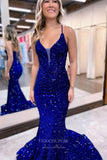 Prom Dress 2025 Stunning Royal Blue Sequin Mermaid Prom Dress with Spaghetti Strap and Corset Back 22228-unique elegant Prom Dresses-Royal Blue-Custom Size-vigocouture