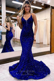 Prom Dress 2025 Stunning Royal Blue Sequin Mermaid Prom Dress with Spaghetti Strap and Corset Back 22228-unique elegant Prom Dresses-Royal Blue-Custom Size-vigocouture