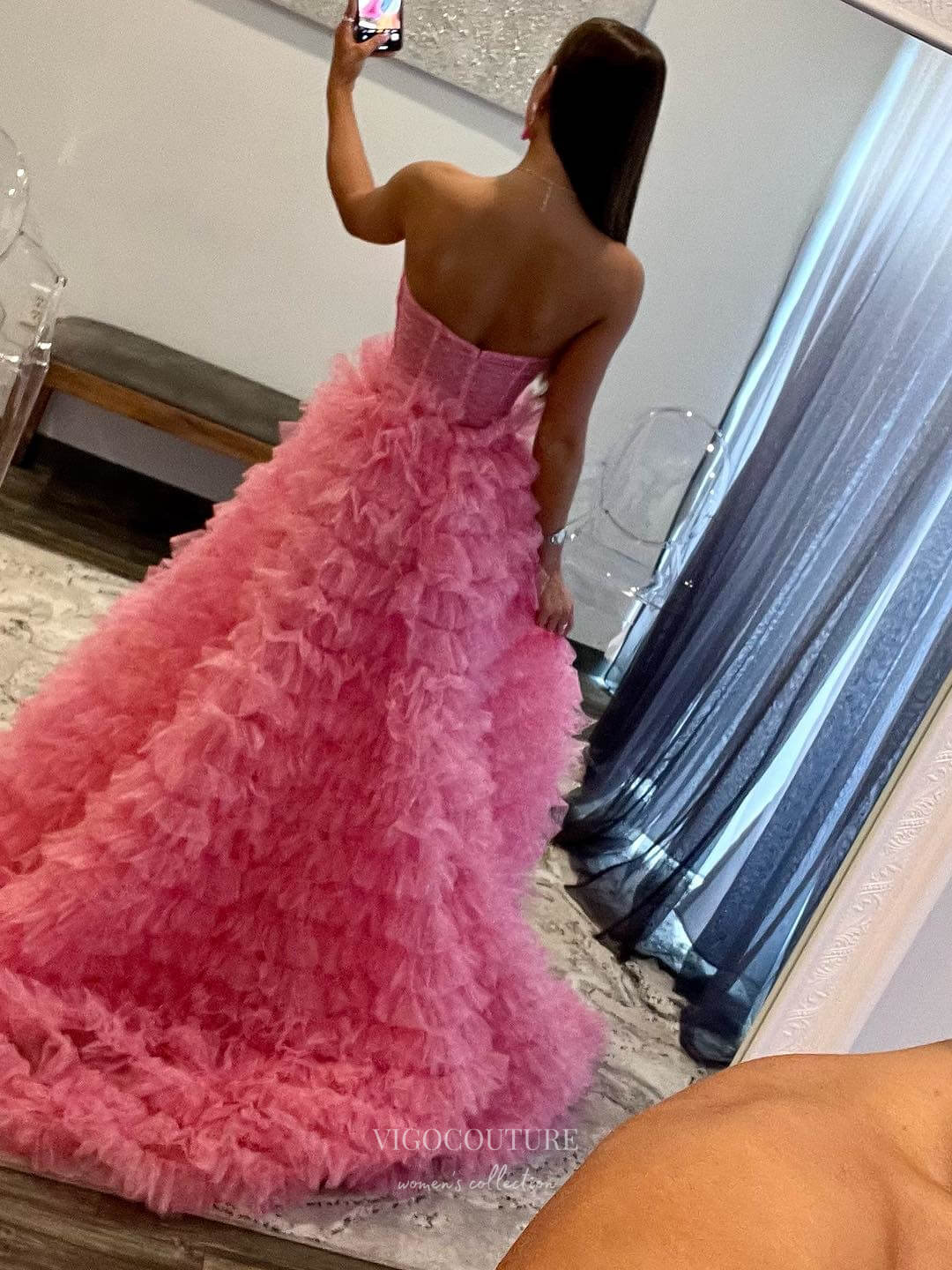 Prom Dress 2025 Stunning Ruffled Prom Dresses with Slit Strapless Tiered Formal Gown 24045-unique elegant Prom Dresses-Pink-Custom Size-vigocouture