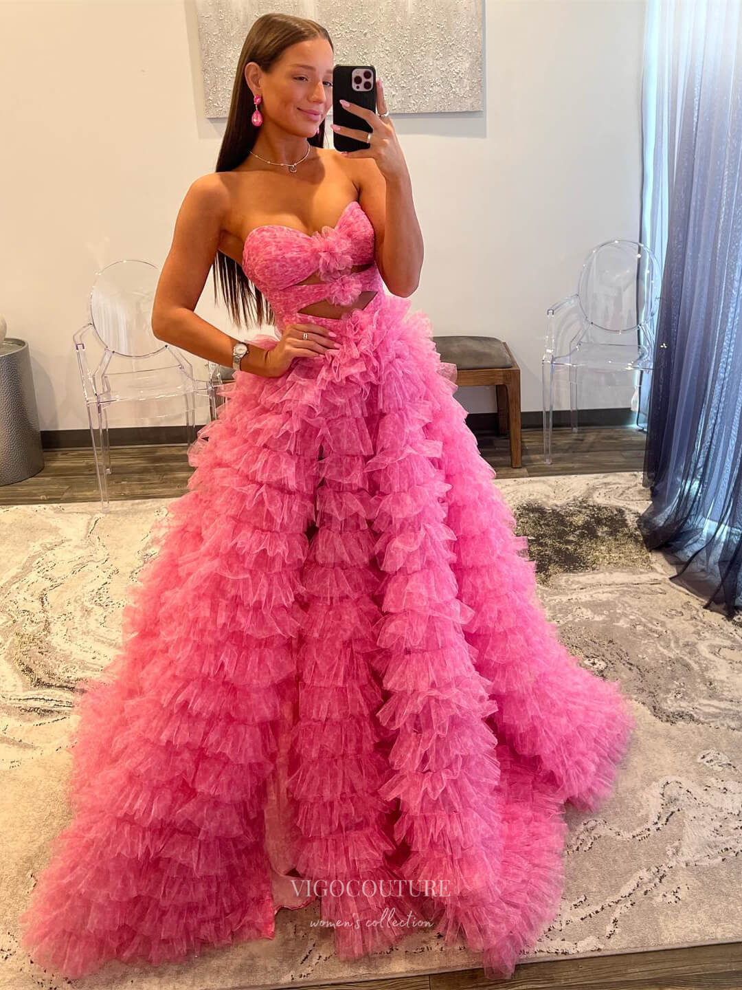 Prom Dress 2025 Stunning Ruffled Prom Dresses with Slit Strapless Tiered Formal Gown 24045-unique elegant Prom Dresses-Pink-Custom Size-vigocouture