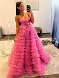 Prom Dress 2025 Stunning Ruffled Prom Dresses with Slit Strapless Tiered Formal Gown 24045-unique elegant Prom Dresses-Pink-Custom Size-vigocouture