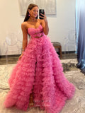 Prom Dress 2025 Stunning Ruffled Prom Dresses with Slit Strapless Tiered Formal Gown 24045-unique elegant Prom Dresses-Pink-Custom Size-vigocouture