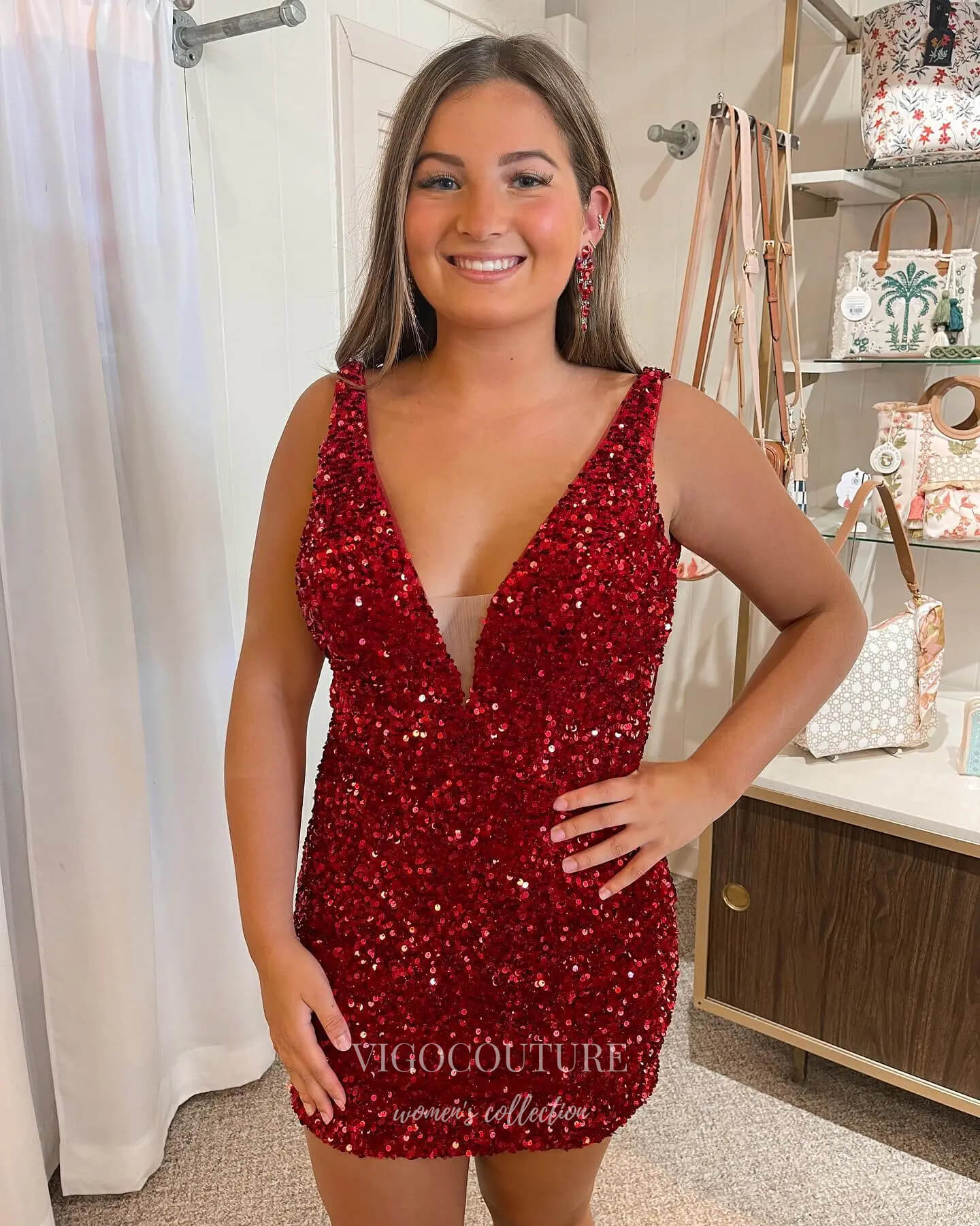 Stunning Sequin Hoco Dress Plunging V-Neck Bodycon Dress hc293