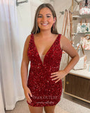 Short Prom Dresses 2025 Stunning Sequin Hoco Dress Plunging V-Neck Bodycon Dress hc293-Prom Dresses-vigocouture-Red-US0-vigocouture