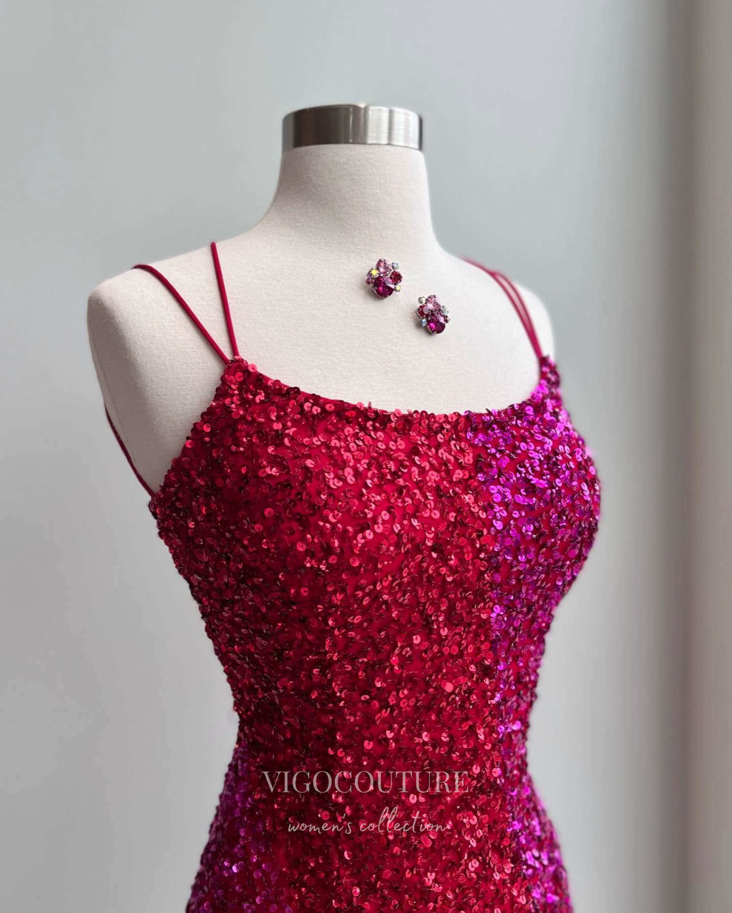 Stunning Sequin Hoco Dress with Slit Spaghetti Strap Bodycon Dress hc2