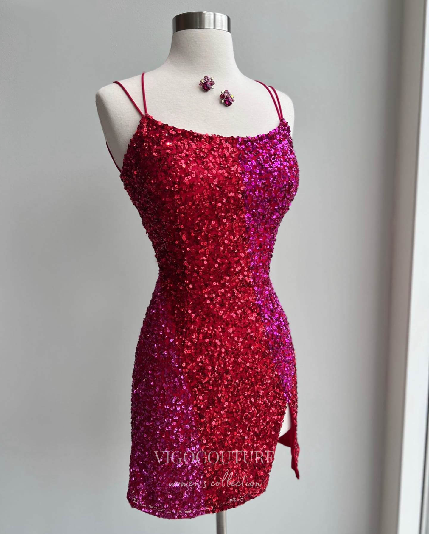 Stunning Sequin Hoco Dress with Slit Spaghetti Strap Bodycon Dress hc2