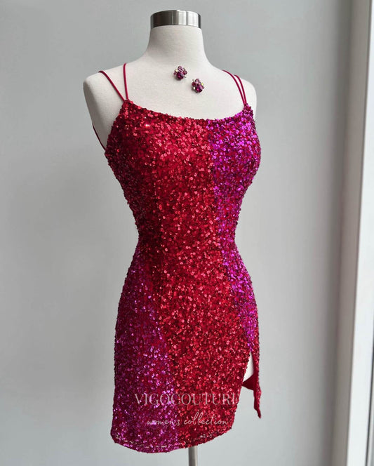 Short Prom Dresses 2025 Stunning Sequin Hoco Dress with Slit Spaghetti Strap Bodycon Dress hc280-Prom Dresses-vigocouture-Red-US0-vigocouture